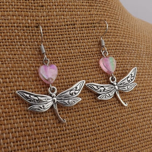 Silver Tone Dragonfly & Pink Heart Drop Earrings