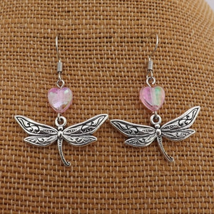 Silver Tone Dragonfly & Pink Heart Drop Earrings