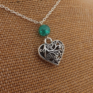 Silver Tone Heart & Teal Bead Handmade Pendant Necklace