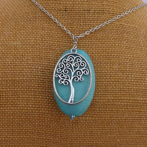 Silver Tone Tree &  Large Blue Bead Handmade Pendant Necklace