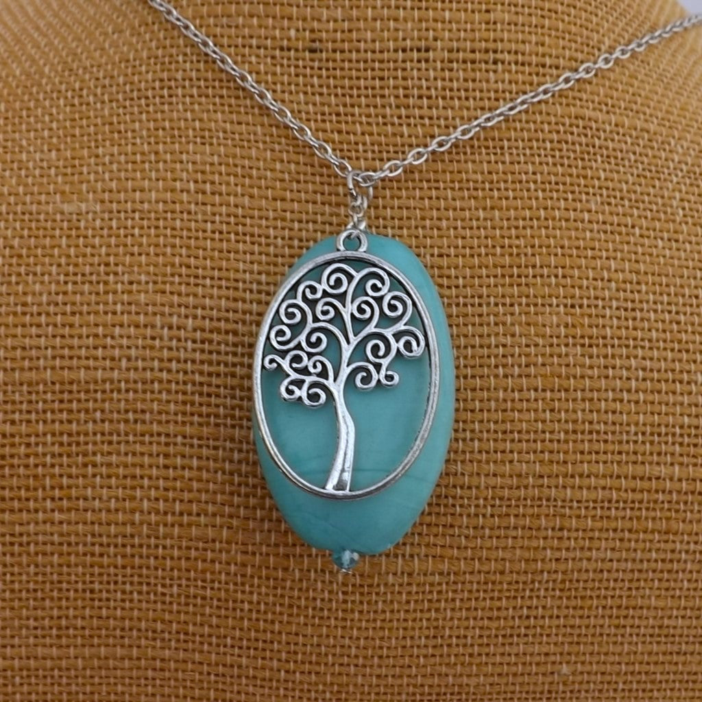 Silver Tone Tree &  Large Blue Bead Handmade Pendant Necklace