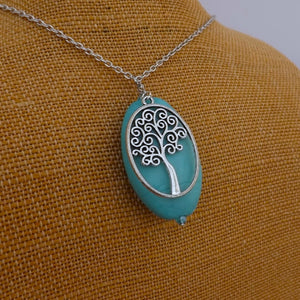 Silver Tone Tree &  Large Blue Bead Handmade Pendant Necklace