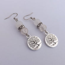 Load image into Gallery viewer, Silver Tone Tree of Life &amp; White Handmade Bead Earrings
