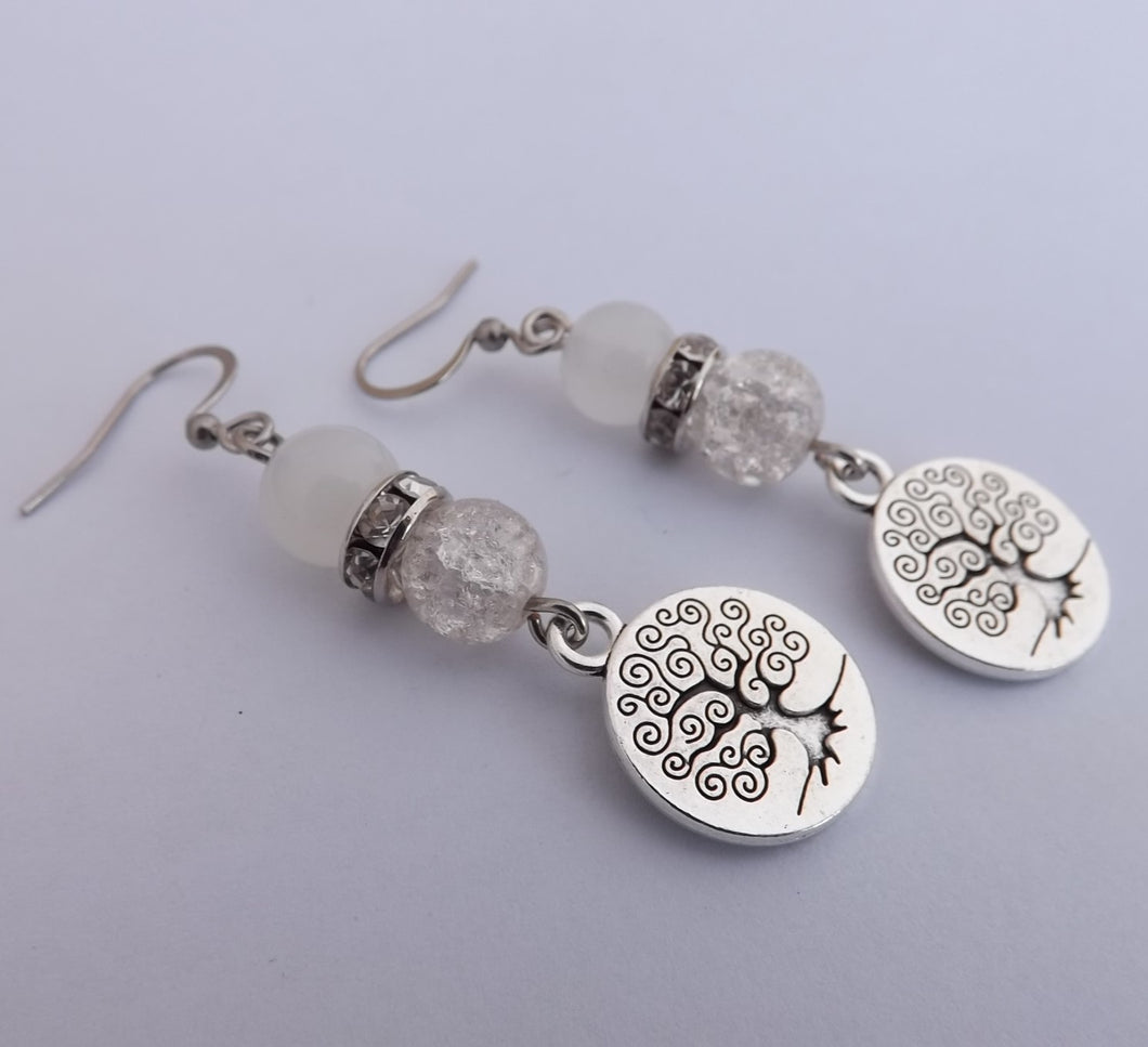 Silver Tone Tree of Life & White Handmade Bead Earrings