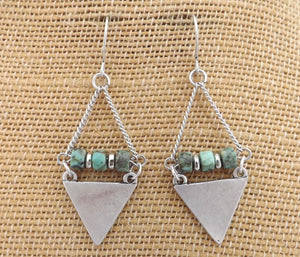 Silver Tone Triangle & Turquoise Look Beads, Drop Earrings