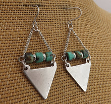 Load image into Gallery viewer, Silver Tone Triangle &amp; Turquoise Look Beads, Drop Earrings
