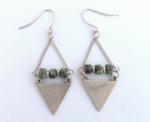 Load image into Gallery viewer, Silver Tone Triangle &amp; Turquoise Look Beads, Drop Earrings
