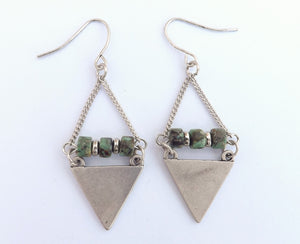 Silver Tone Triangle & Turquoise Look Beads, Drop Earrings