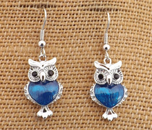 Load image into Gallery viewer, Small Silver Toned Owl Earrings (Red or Blue)
