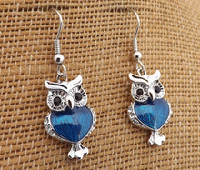 Load image into Gallery viewer, Small Silver Toned Owl Earrings (Red or Blue)
