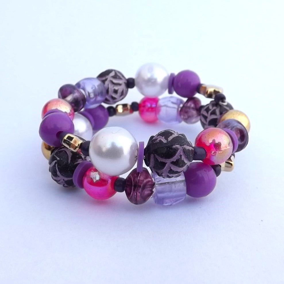 Small Handmade Pink, Purple, Gold & Pearl Memory Wire Bead Bracelet