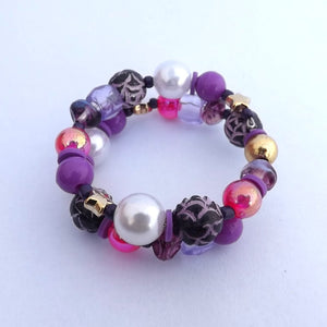 Small Handmade Pink, Purple, Gold & Pearl Memory Wire Bead Bracelet