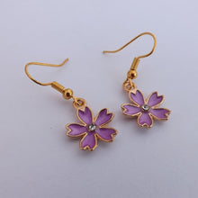 Load image into Gallery viewer, Small Purple &amp; Gold Flower Drop Earrings
