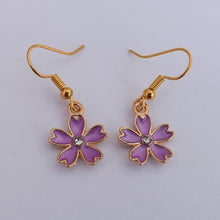 Load image into Gallery viewer, Small Purple &amp; Gold Flower Drop Earrings
