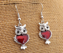 Load image into Gallery viewer, Small Silver Toned Owl Earrings (Red or Blue)
