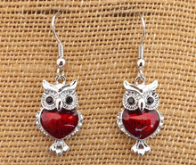 Load image into Gallery viewer, Small Silver Toned Owl Earrings (Red or Blue)
