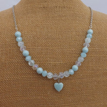 Load image into Gallery viewer, Soft Blue &amp; Clear Handmade Bead Necklace with Heart Pendant
