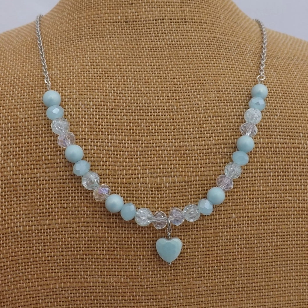 Soft Blue & Clear Handmade Bead Necklace with Heart Pendant