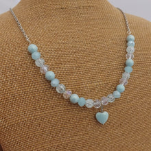 Load image into Gallery viewer, Soft Blue &amp; Clear Handmade Bead Necklace with Heart Pendant
