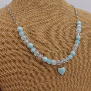 Soft Blue & Clear Handmade Bead Necklace with Heart Pendant