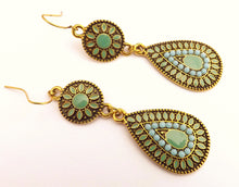 Load image into Gallery viewer, Soft Blue &amp; Green with Gold Tone Dotted Double Drop Earrings

