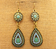 Load image into Gallery viewer, Soft Blue &amp; Green with Gold Tone Dotted Double Drop Earrings
