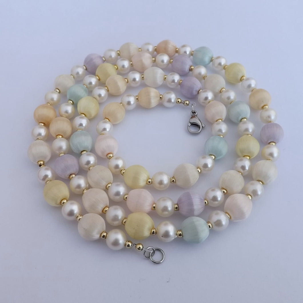 Soft Pastel Fabrice & Faux Pearl Vintage Beads Handmade Necklace