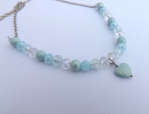 Soft Blue & Clear Handmade Bead Necklace with Heart Pendant