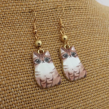 Load image into Gallery viewer, Tabby &amp; White Cat with Gold Bead, Drop Earrings
