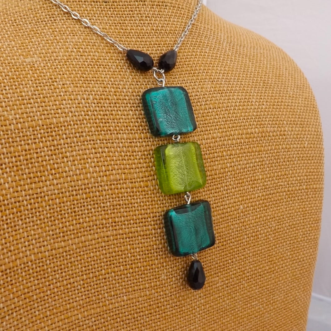 Teal, Black & Green Handmade Square Glass Foil Pendant Necklace