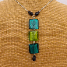 Load image into Gallery viewer, Teal, Black &amp; Green Handmade Square Glass Foil Pendant Necklace
