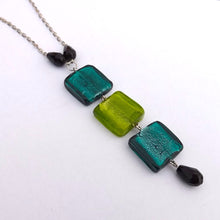 Load image into Gallery viewer, Teal, Black &amp; Green Handmade Square Glass Foil Pendant Necklace
