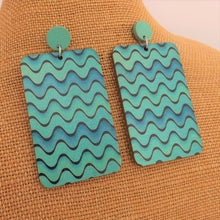 Load image into Gallery viewer, Teal, Blue &amp; Black Large Wooden Rectangle Earrings
