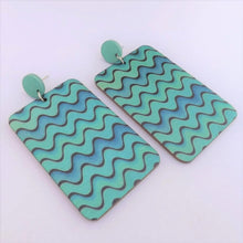 Load image into Gallery viewer, Teal, Blue &amp; Black Large Wooden Rectangle Earrings
