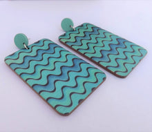 Load image into Gallery viewer, Teal, Blue &amp; Black Large Wooden Rectangle Earrings
