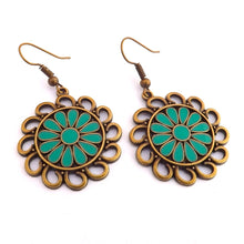 Load image into Gallery viewer, Teal &amp; Bronze Tone Floral Drop Earrings
