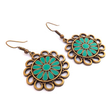 Load image into Gallery viewer, Teal &amp; Bronze Tone Floral Drop Earrings
