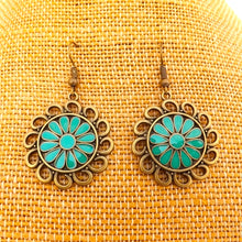 Load image into Gallery viewer, Teal &amp; Bronze Tone Floral Drop Earrings
