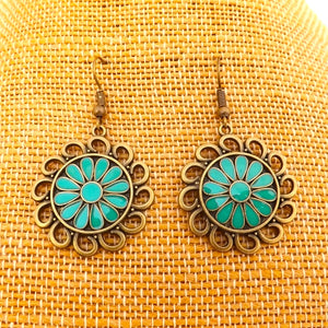 Teal & Bronze Tone Floral Drop Earrings