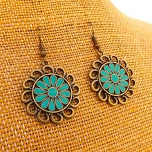 Load image into Gallery viewer, Teal &amp; Bronze Tone Floral Drop Earrings
