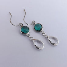 Load image into Gallery viewer, Teal &amp; Clear, Silver Tone Drop Earrings
