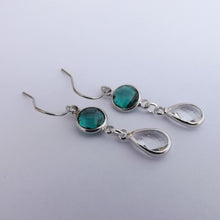 Load image into Gallery viewer, Teal &amp; Clear, Silver Tone Drop Earrings
