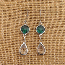 Load image into Gallery viewer, Teal &amp; Clear, Silver Tone Drop Earrings
