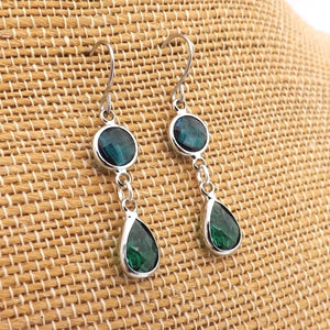 Teal & Dark Blue, Silver Tone Drop Earrings