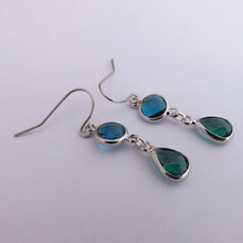 Load image into Gallery viewer, Teal &amp; Dark Blue, Silver Tone Drop Earrings
