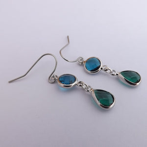 Teal & Dark Blue, Silver Tone Drop Earrings