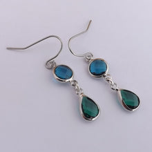 Load image into Gallery viewer, Teal &amp; Dark Blue, Silver Tone Drop Earrings
