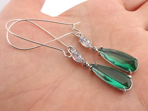 Teal & Faux Diamond Faceted Earrings on Long Kidney Hooks