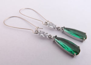 Teal & Faux Diamond Faceted Earrings on Long Kidney Hooks