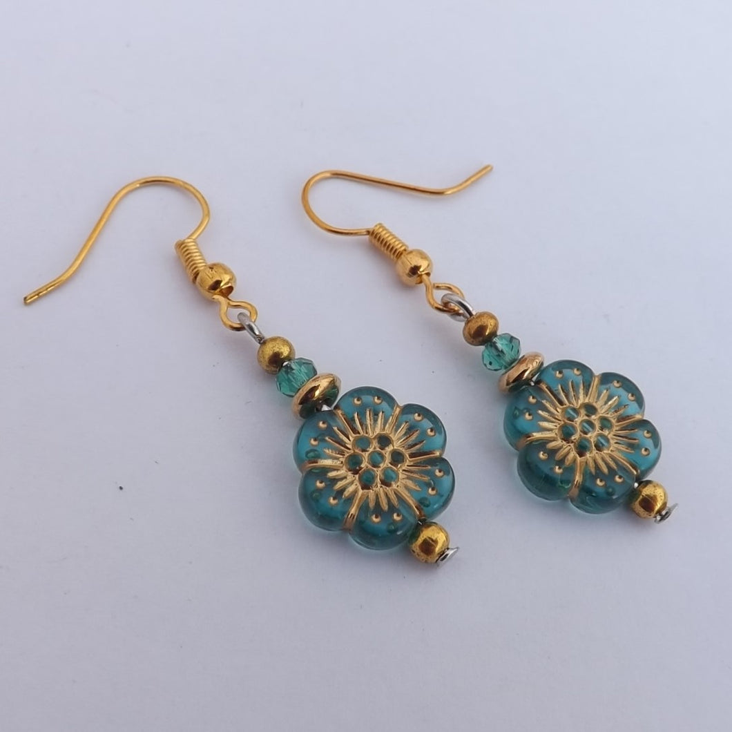 Teal & Gold Flower Handmade Bead Earrings